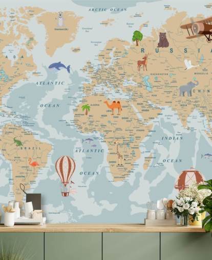 light brown and blue kids world map wallpaper