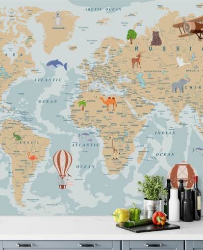 fondo de pantalla de mapa mundial para niños marrón claro y azul