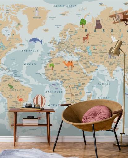 carta da parati mappa del mondo per bambini marrone chiaro e blu