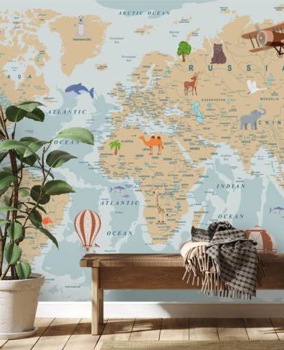 light brown and blue kids world map wallpaper
