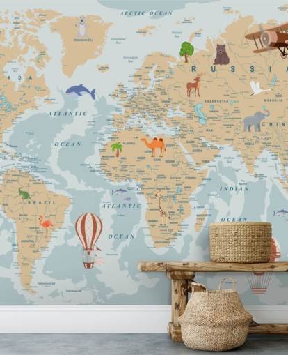 light brown and blue kids world map wallpaper