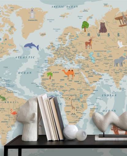 light brown and blue kids world map wallpaper