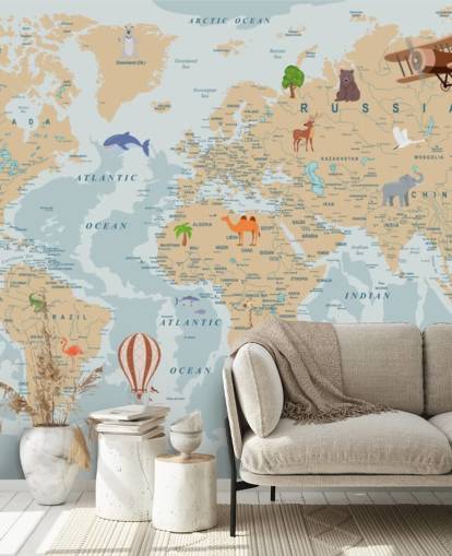 light brown and blue kids world map wallpaper