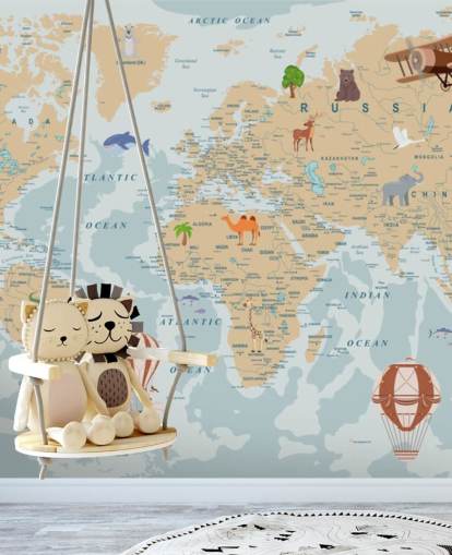 carta da parati mappa del mondo per bambini marrone chiaro e blu