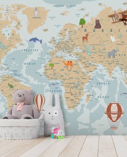carta da parati mappa del mondo per bambini marrone chiaro e blu