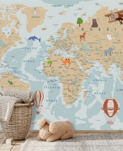 light brown and blue kids world map wallpaper