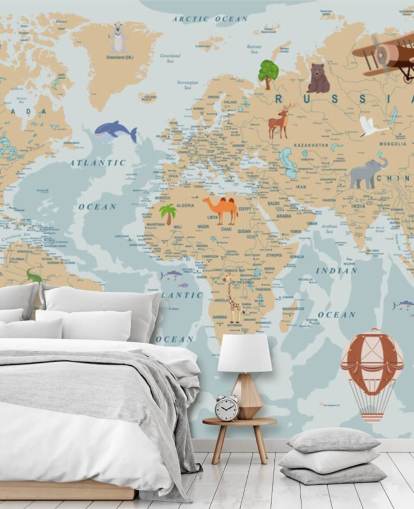 light brown and blue kids world map wallpaper