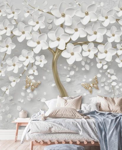 white and gold blossom wallpaper