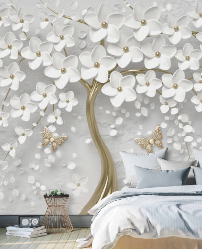 papel pintado de flores blancas y doradas