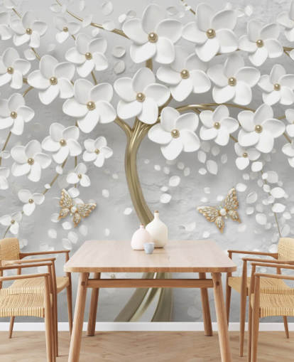 papel pintado de flores blancas y doradas