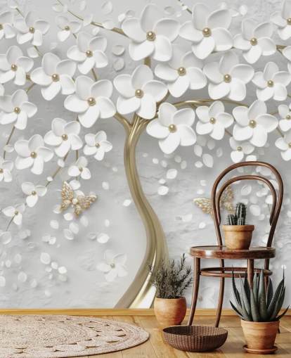 papier peint de fleurs blanches et dorées