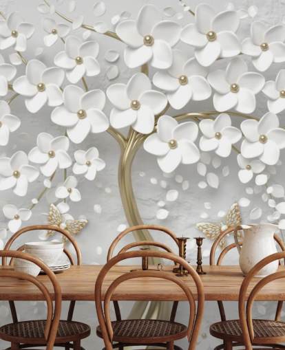 behang met witte en gouden bloesem