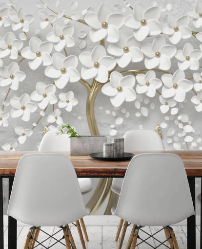 papel pintado de flores blancas y doradas