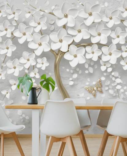 white and gold blossom wallpaper