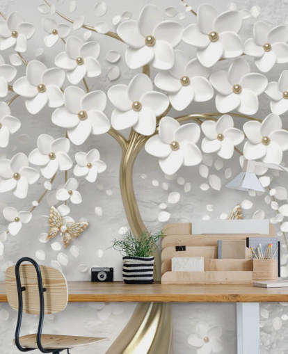 papel pintado de flores blancas y doradas