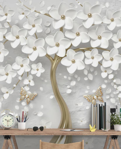 white and gold blossom wallpaper