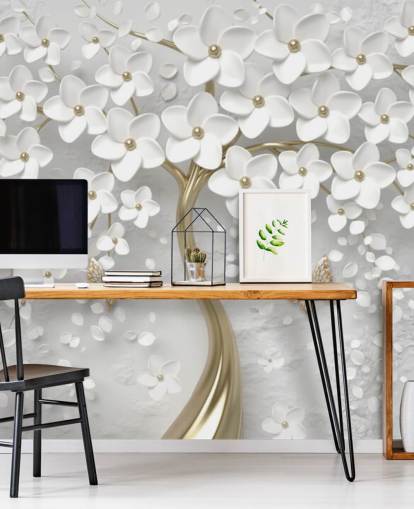 white and gold blossom wallpaper