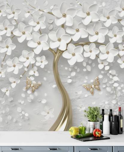 hvid og guld blomstre tapet