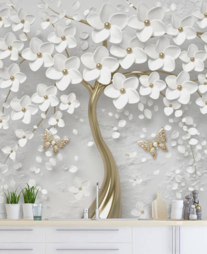 white and gold blossom wallpaper