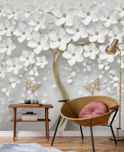 papel pintado de flores blancas y doradas