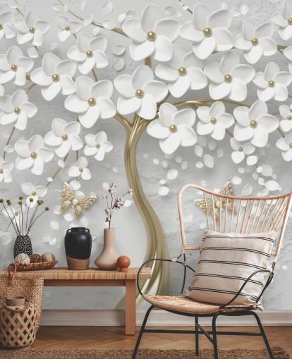 behang met witte en gouden bloesem behang met witte en gouden bloesem