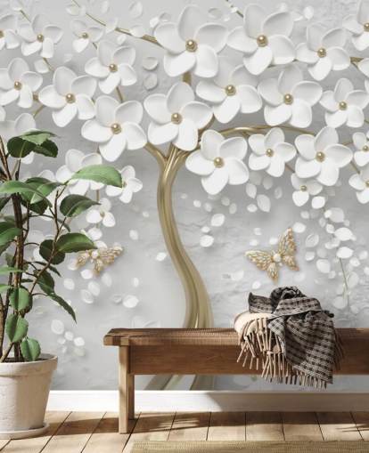 white and gold blossom wallpaper