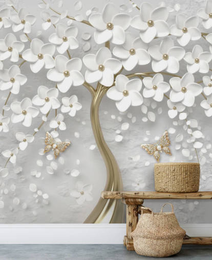 papel pintado de flores blancas y doradas