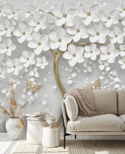 vit och guld blomma tapet