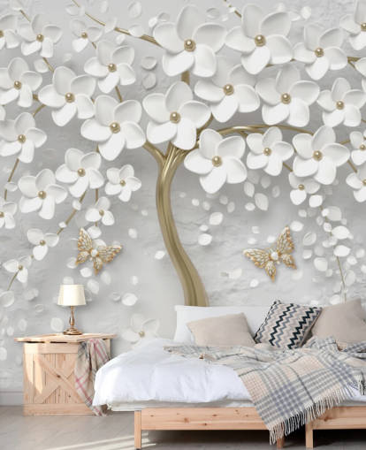 papel pintado de flores blancas y doradas