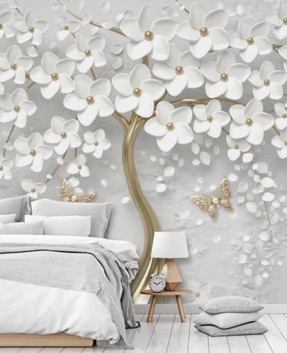 papel pintado de flores blancas y doradas