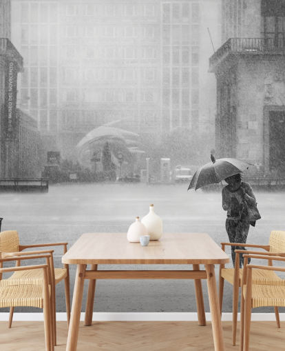 zwart-wit regenachtig stadbehang