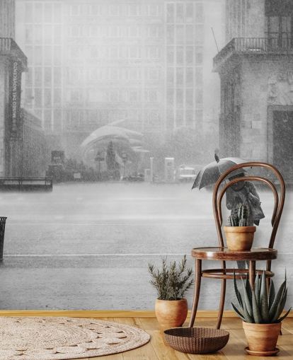 zwart-wit regenachtig stadbehang