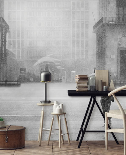 black and white rainy town wallpaper