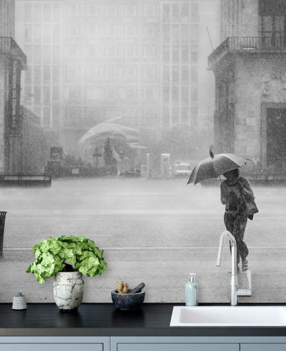 papier peint ville pluvieuse noir et blanc