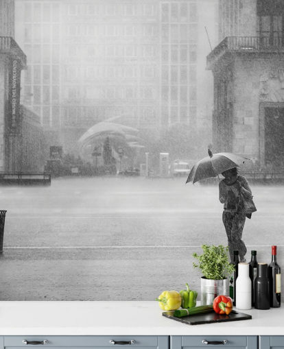 black and white rainy town wallpaper