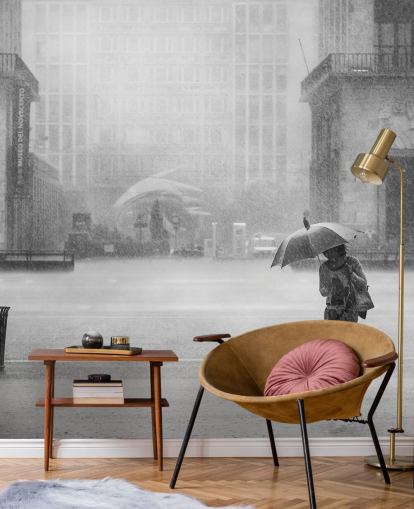 zwart-wit regenachtig stadbehang