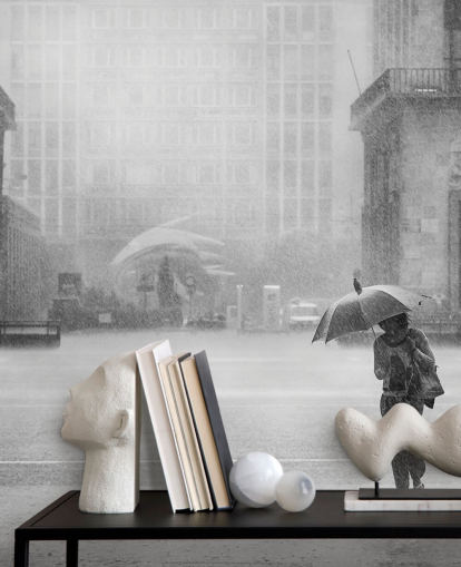 black and white rainy town wallpaper