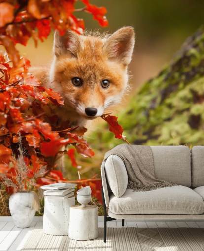 Fox Cub im Herbstlaub bemalte Tapete