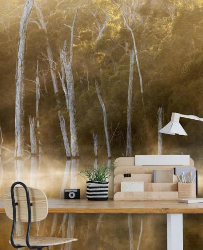 Papier Peint Lac Brumeux et Arbres