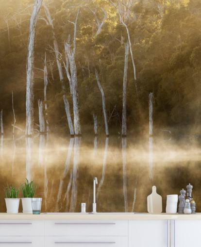 Misty Lake and Trees Wallpaper