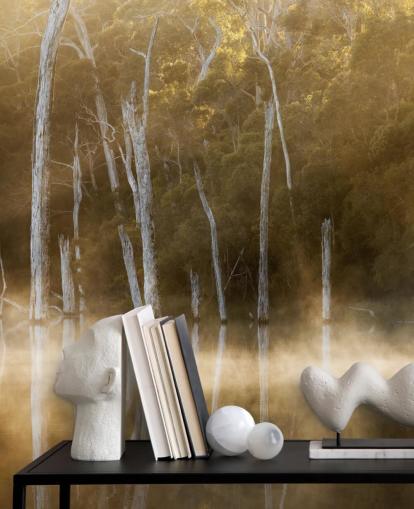 Papier Peint Lac Brumeux et Arbres