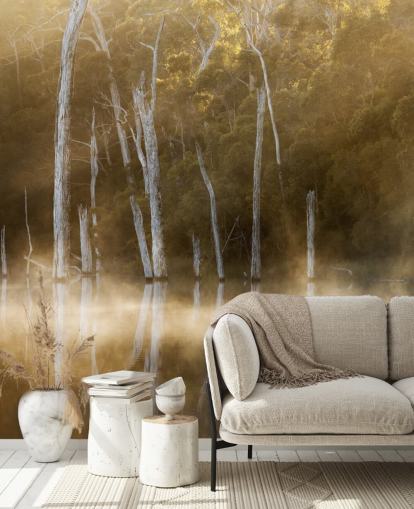 Nebliger See und Bäume Tapete