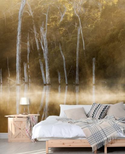 Misty Lake and Trees behang