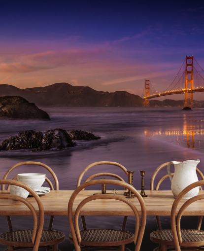 golden gate bridge kustzicht bij zonsondergang behang