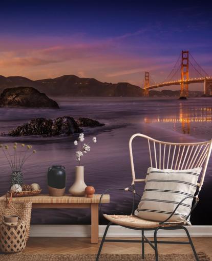 golden gate bridge kustzicht bij zonsondergang behang