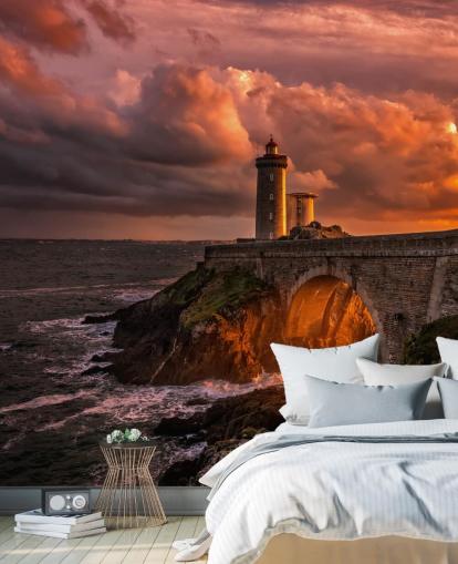 Decorazione murale con faro costiero al tramonto
