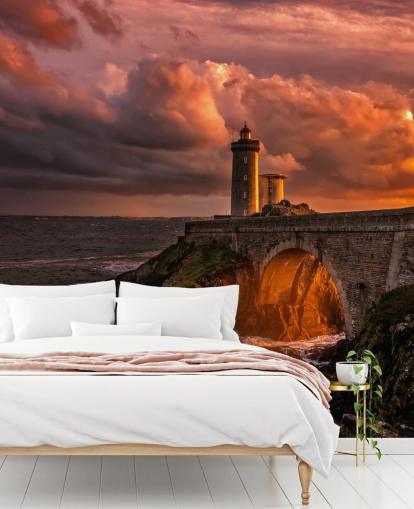 Decorazione murale con faro costiero al tramonto