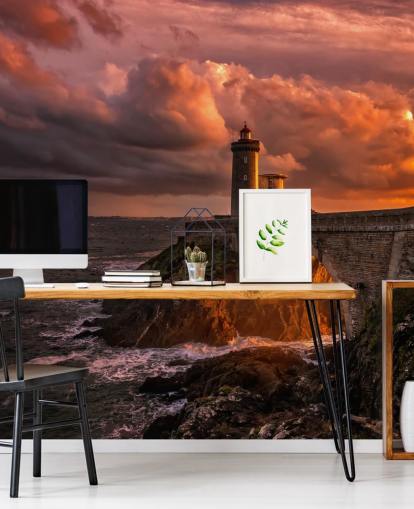 Decorazione murale con faro costiero al tramonto