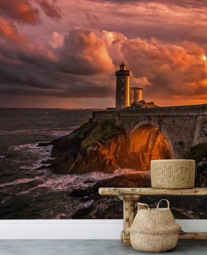 Decorazione murale con faro costiero al tramonto