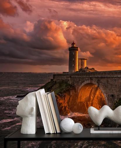 Decorazione murale con faro costiero al tramonto
